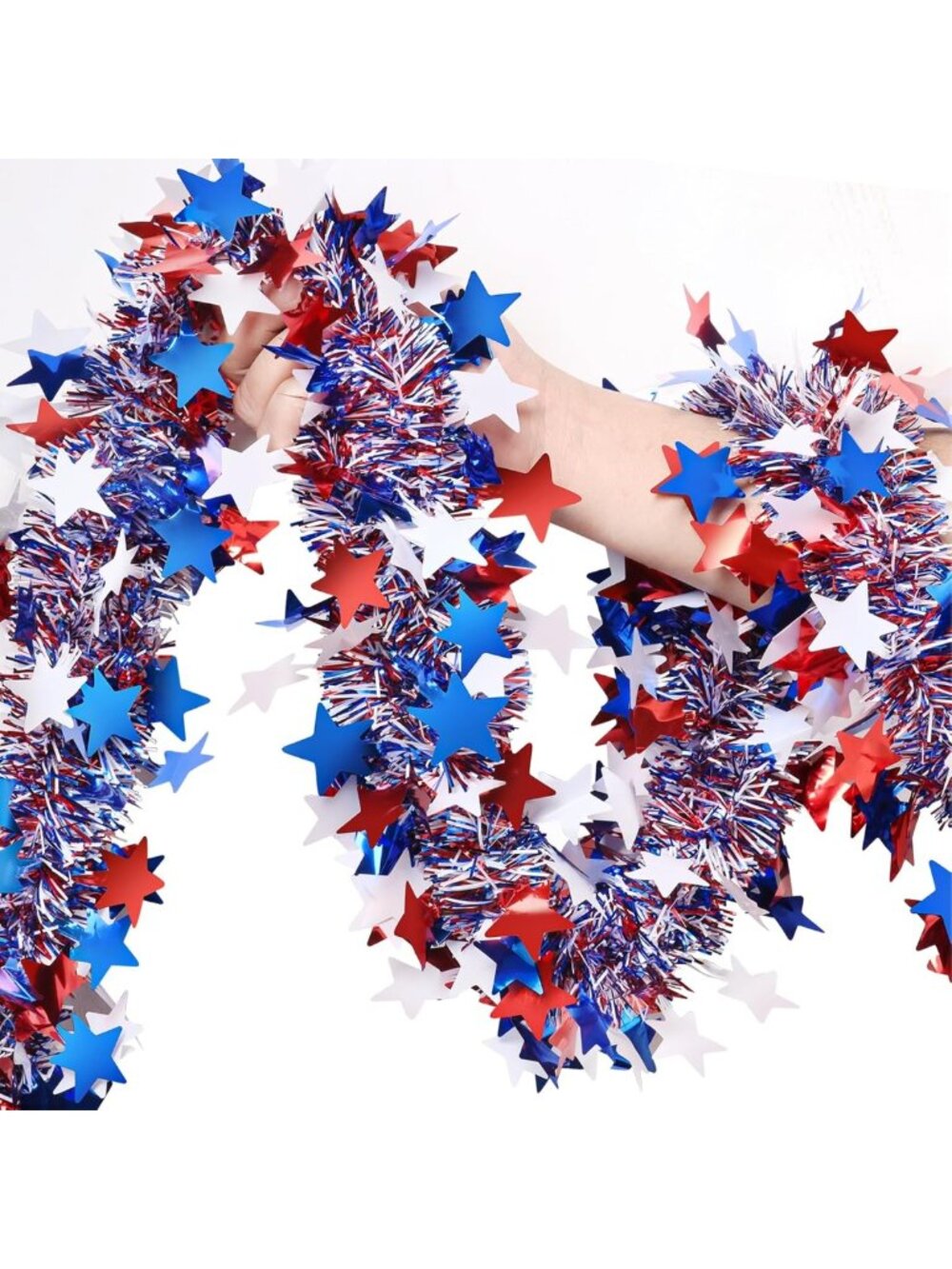 50Ft Glitter Tinsel 4th of July Garland - Patriotic Decor for Party, Yard, Table